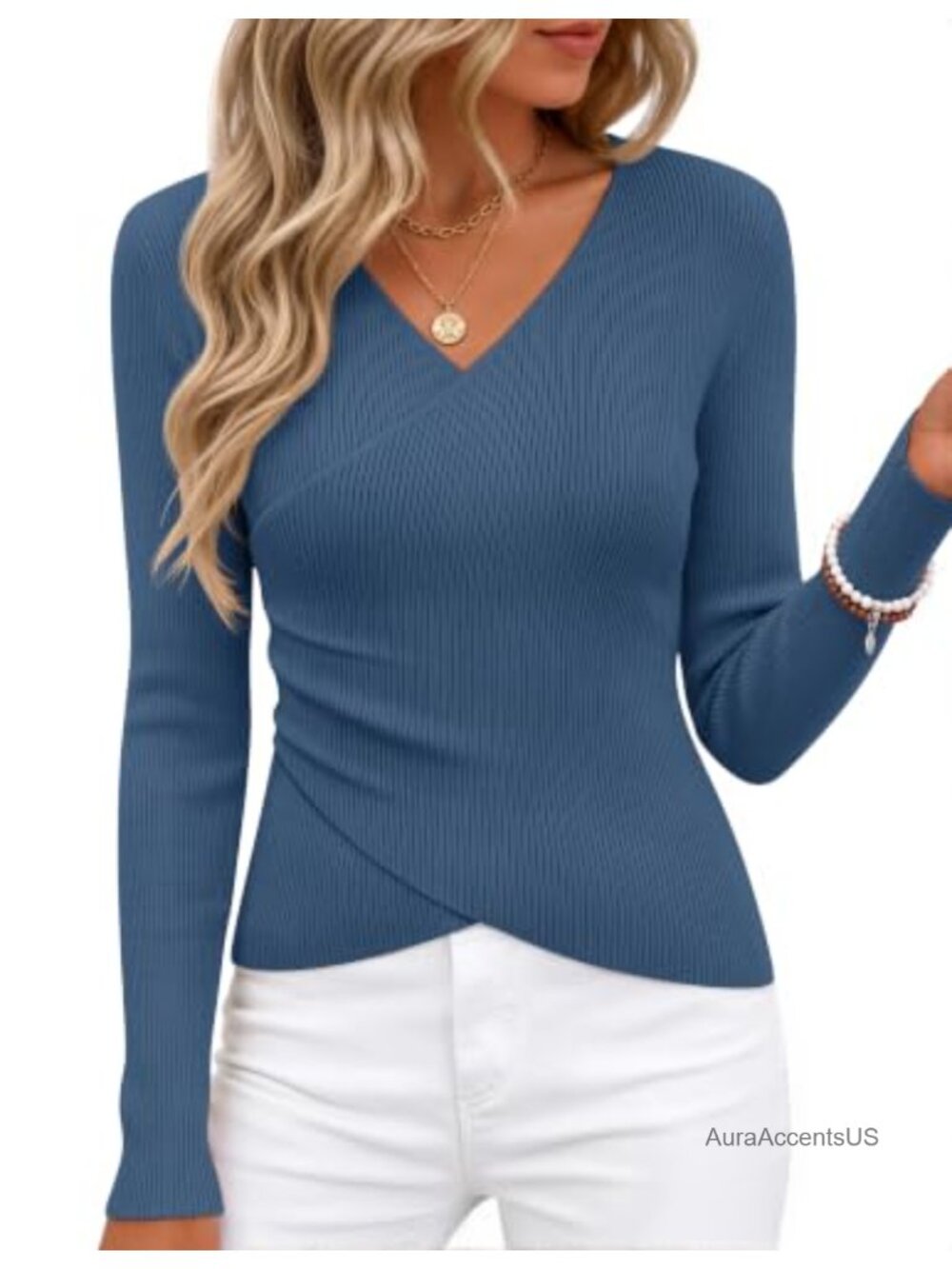 Wrap V-Neck Ruched Long Sleeve Ribbed Knit Sweater Top